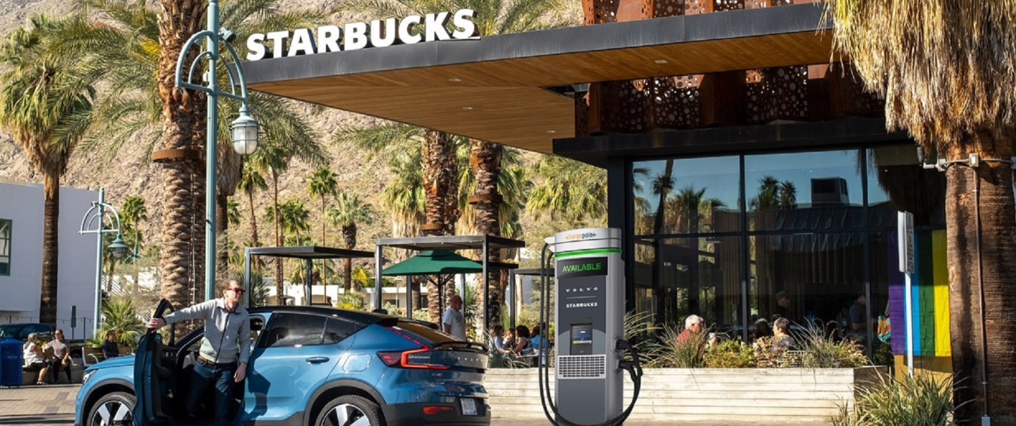 Starbucks and Volvo. Now people and electric cars can charge in the same place